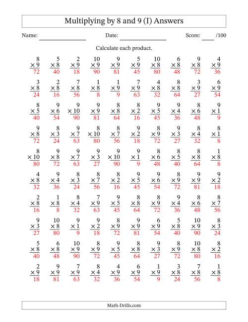 The Multiplying (1 to 10) by 8 and 9 (100 Questions) (I) Math Worksheet Page 2
