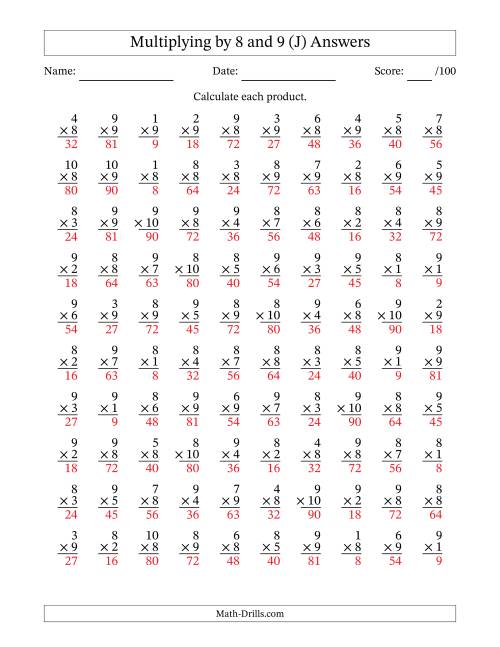 The Multiplying (1 to 10) by 8 and 9 (100 Questions) (J) Math Worksheet Page 2
