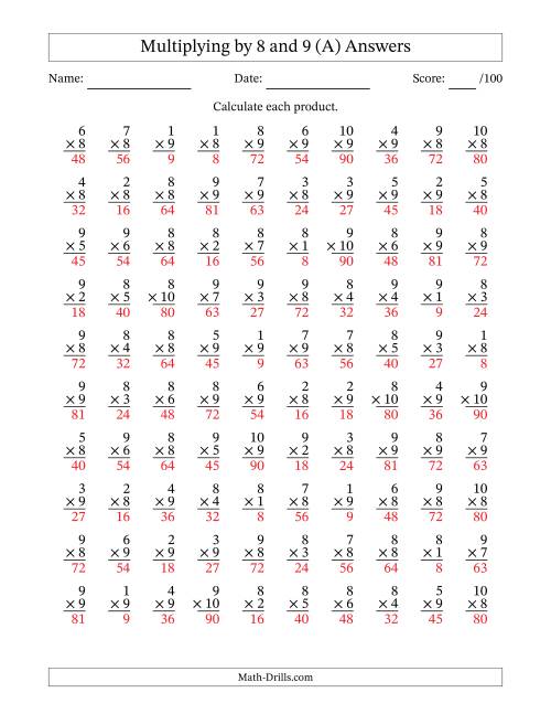The Multiplying (1 to 10) by 8 and 9 (100 Questions) (All) Math Worksheet Page 2