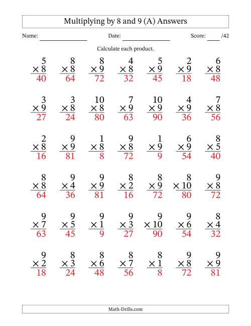 The Multiplying (1 to 10) by 8 and 9 (42 Questions) (A) Math Worksheet Page 2