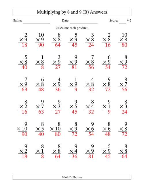 The Multiplying (1 to 10) by 8 and 9 (42 Questions) (B) Math Worksheet Page 2