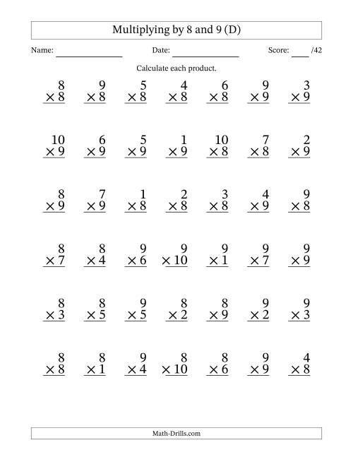 The Multiplying (1 to 10) by 8 and 9 (42 Questions) (D) Math Worksheet
