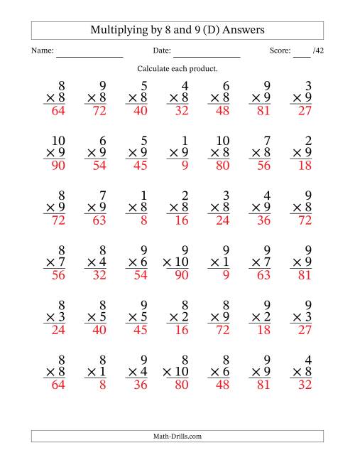 The Multiplying (1 to 10) by 8 and 9 (42 Questions) (D) Math Worksheet Page 2