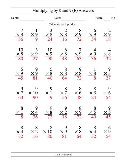 The Multiplying (1 to 10) by 8 and 9 (42 Questions) (E) Math Worksheet Page 2