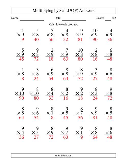 The Multiplying (1 to 10) by 8 and 9 (42 Questions) (F) Math Worksheet Page 2