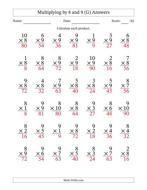 The Multiplying (1 to 10) by 8 and 9 (42 Questions) (G) Math Worksheet Page 2