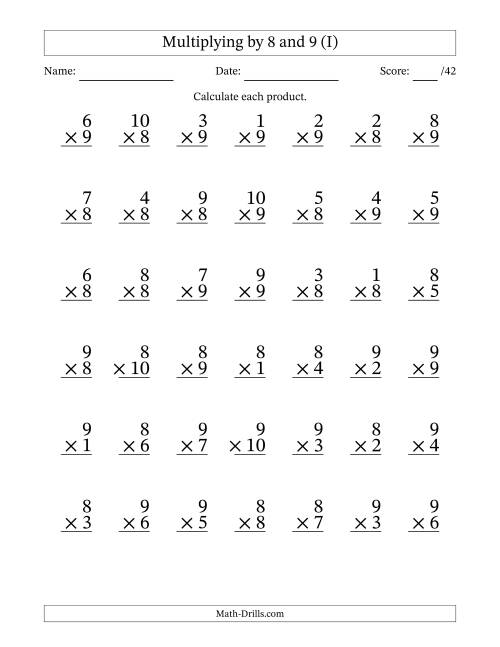 The Multiplying (1 to 10) by 8 and 9 (42 Questions) (I) Math Worksheet