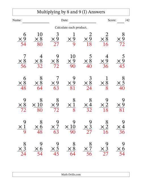 The Multiplying (1 to 10) by 8 and 9 (42 Questions) (I) Math Worksheet Page 2