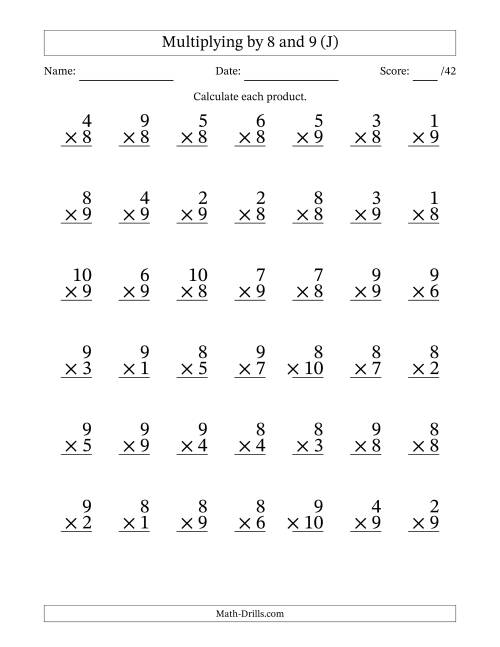 The Multiplying (1 to 10) by 8 and 9 (42 Questions) (J) Math Worksheet