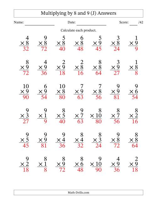 The Multiplying (1 to 10) by 8 and 9 (42 Questions) (J) Math Worksheet Page 2