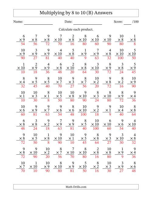 The Multiplying (1 to 10) by 8 to 10 (100 Questions) (B) Math Worksheet Page 2