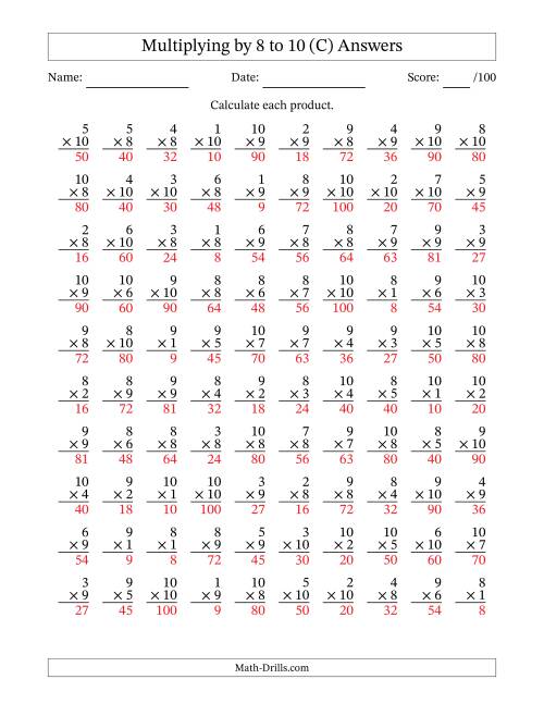 The Multiplying (1 to 10) by 8 to 10 (100 Questions) (C) Math Worksheet Page 2