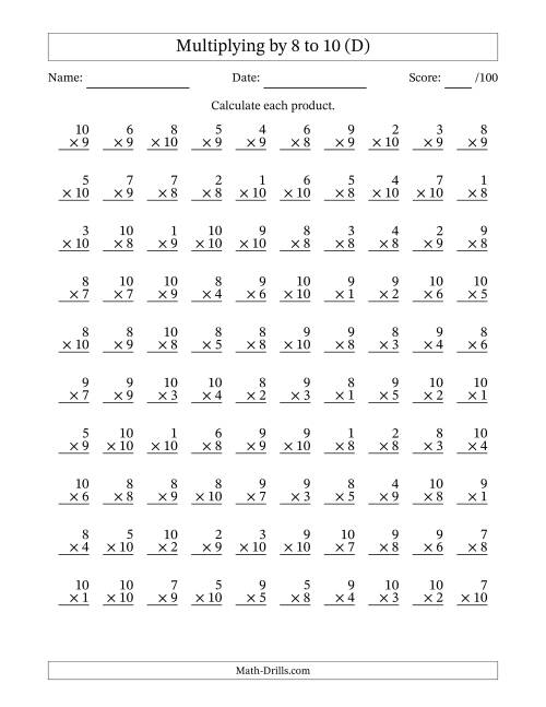 The Multiplying (1 to 10) by 8 to 10 (100 Questions) (D) Math Worksheet