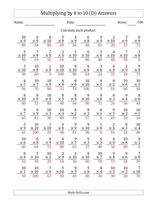 The Multiplying (1 to 10) by 8 to 10 (100 Questions) (D) Math Worksheet Page 2
