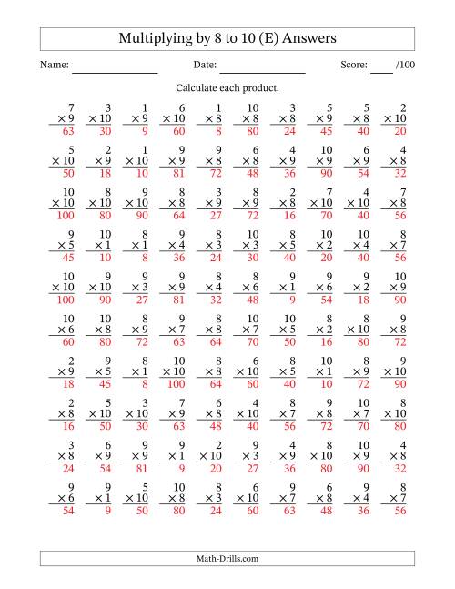 The Multiplying (1 to 10) by 8 to 10 (100 Questions) (E) Math Worksheet Page 2