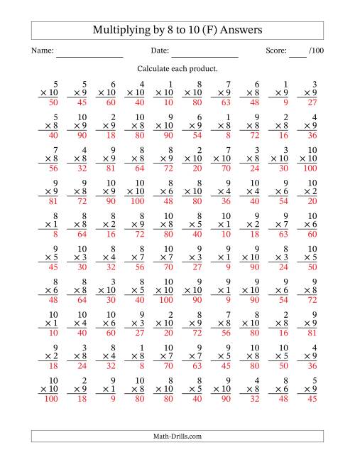 The Multiplying (1 to 10) by 8 to 10 (100 Questions) (F) Math Worksheet Page 2