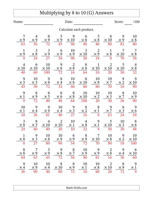 The Multiplying (1 to 10) by 8 to 10 (100 Questions) (G) Math Worksheet Page 2