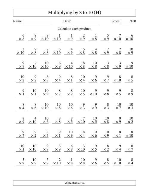 The Multiplying (1 to 10) by 8 to 10 (100 Questions) (H) Math Worksheet