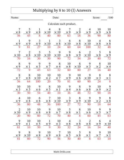 The Multiplying (1 to 10) by 8 to 10 (100 Questions) (I) Math Worksheet Page 2