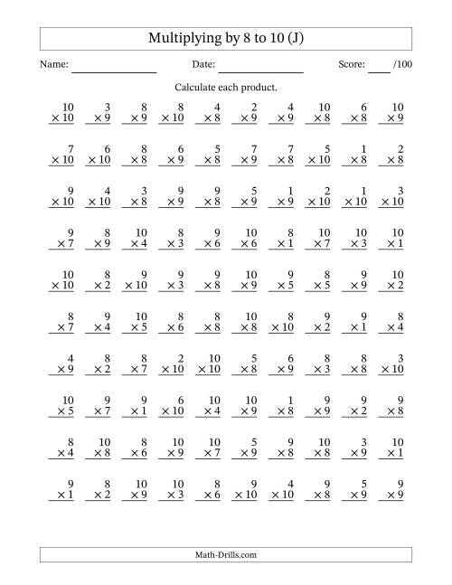 The Multiplying (1 to 10) by 8 to 10 (100 Questions) (J) Math Worksheet