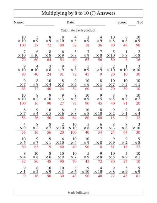 The Multiplying (1 to 10) by 8 to 10 (100 Questions) (J) Math Worksheet Page 2