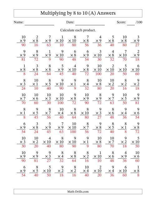 The Multiplying (1 to 10) by 8 to 10 (100 Questions) (All) Math Worksheet Page 2