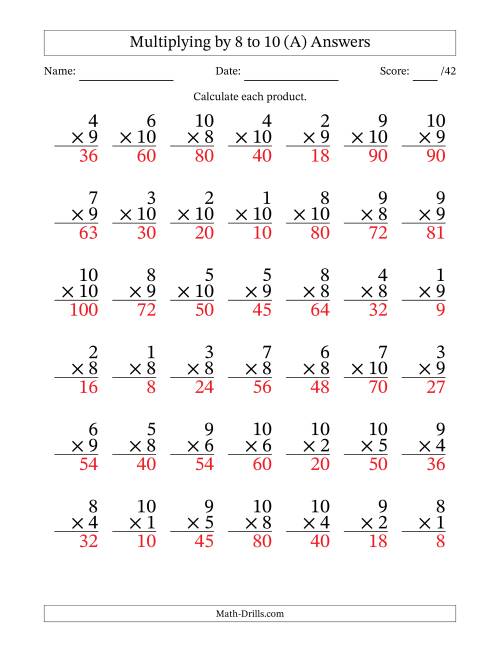 The Multiplying (1 to 10) by 8 to 10 (42 Questions) (A) Math Worksheet Page 2