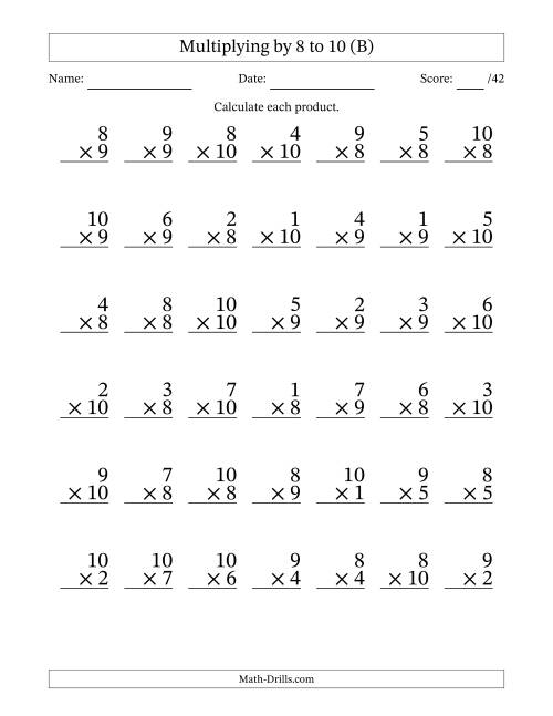 The Multiplying (1 to 10) by 8 to 10 (42 Questions) (B) Math Worksheet