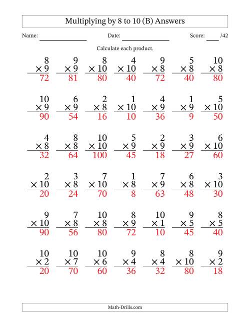 The Multiplying (1 to 10) by 8 to 10 (42 Questions) (B) Math Worksheet Page 2