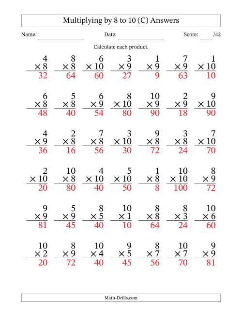 The Multiplying (1 to 10) by 8 to 10 (42 Questions) (C) Math Worksheet Page 2