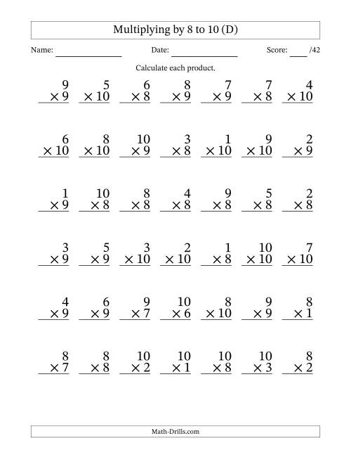 The Multiplying (1 to 10) by 8 to 10 (42 Questions) (D) Math Worksheet