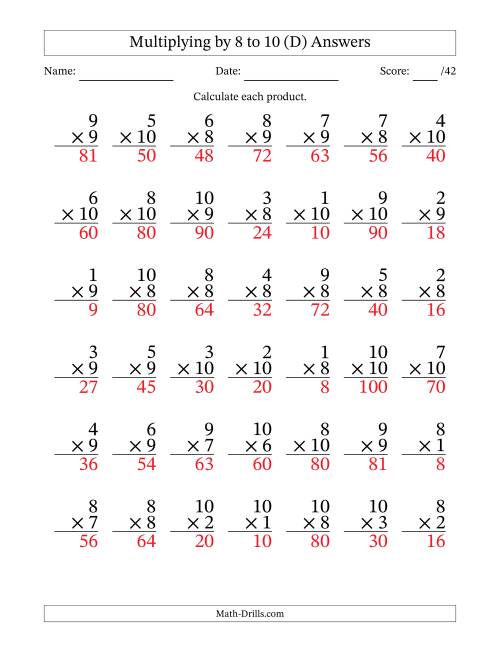 The Multiplying (1 to 10) by 8 to 10 (42 Questions) (D) Math Worksheet Page 2