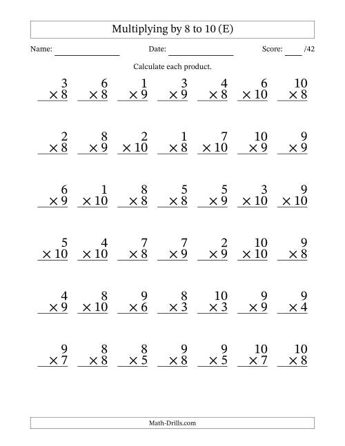 The Multiplying (1 to 10) by 8 to 10 (42 Questions) (E) Math Worksheet