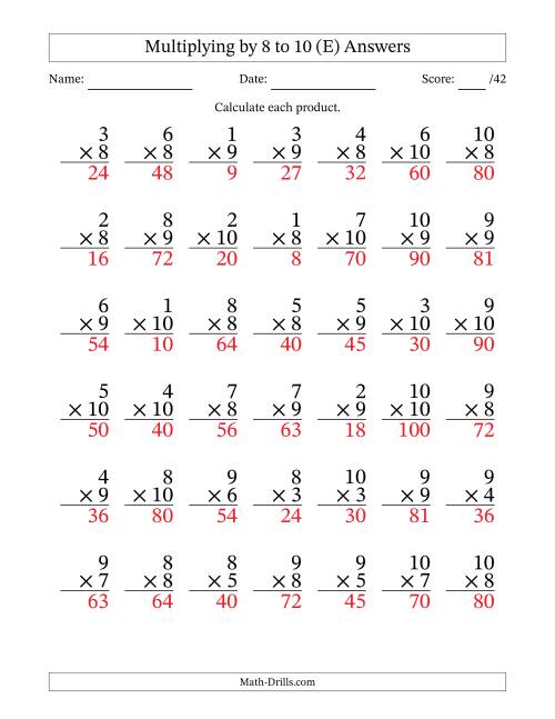 The Multiplying (1 to 10) by 8 to 10 (42 Questions) (E) Math Worksheet Page 2