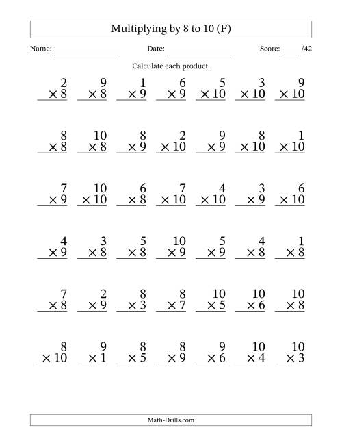 The Multiplying (1 to 10) by 8 to 10 (42 Questions) (F) Math Worksheet