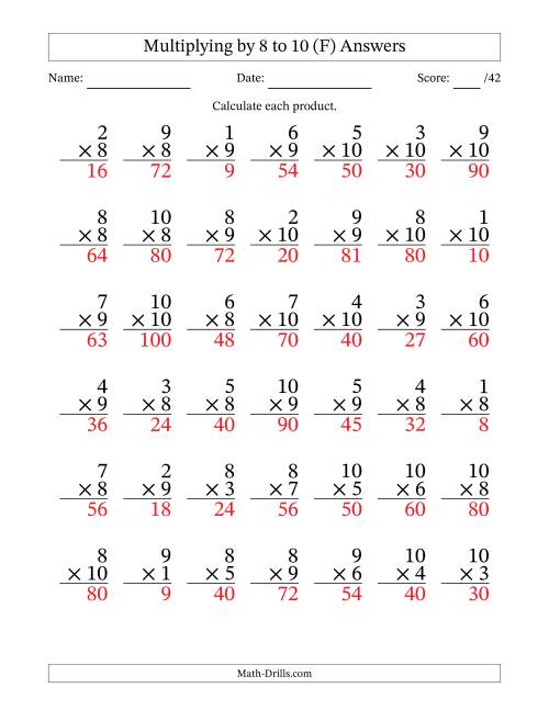The Multiplying (1 to 10) by 8 to 10 (42 Questions) (F) Math Worksheet Page 2