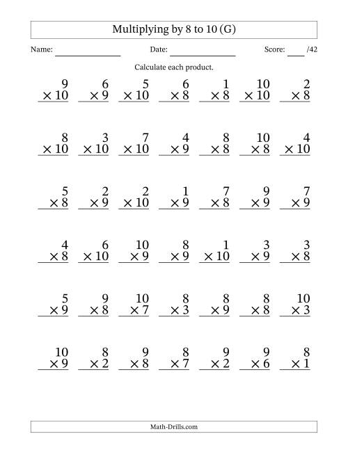 The Multiplying (1 to 10) by 8 to 10 (42 Questions) (G) Math Worksheet