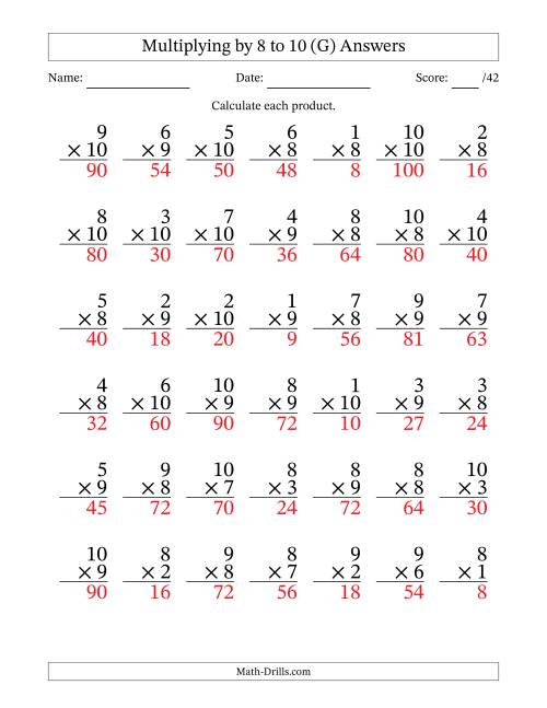The Multiplying (1 to 10) by 8 to 10 (42 Questions) (G) Math Worksheet Page 2