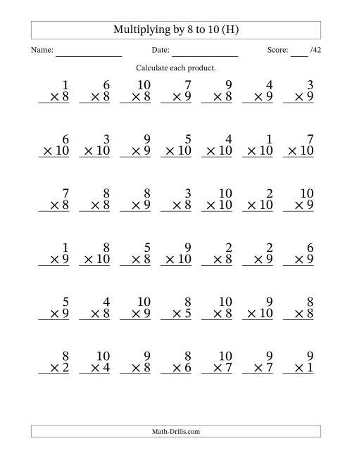 The Multiplying (1 to 10) by 8 to 10 (42 Questions) (H) Math Worksheet