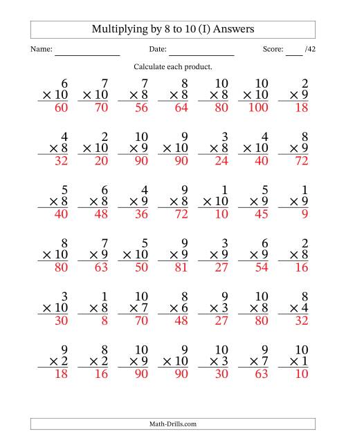The Multiplying (1 to 10) by 8 to 10 (42 Questions) (I) Math Worksheet Page 2