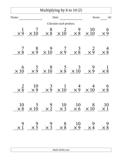 The Multiplying (1 to 10) by 8 to 10 (42 Questions) (J) Math Worksheet