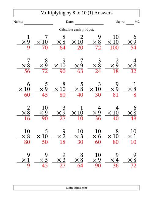 The Multiplying (1 to 10) by 8 to 10 (42 Questions) (J) Math Worksheet Page 2
