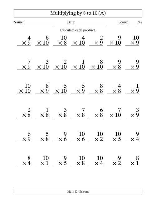 The Multiplying (1 to 10) by 8 to 10 (42 Questions) (All) Math Worksheet