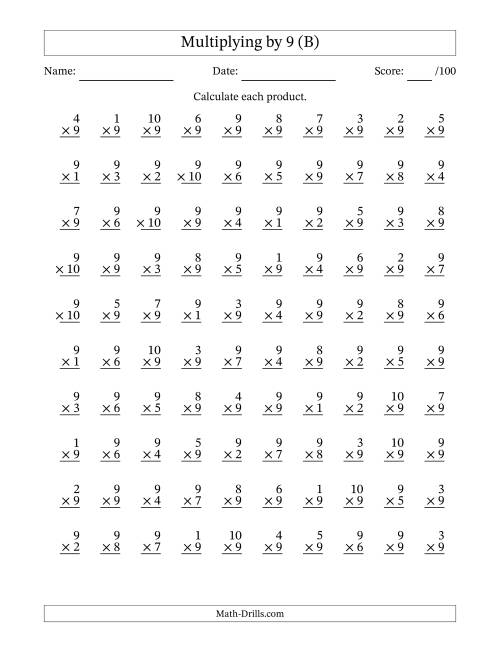 The Multiplying (1 to 10) by 9 (100 Questions) (B) Math Worksheet