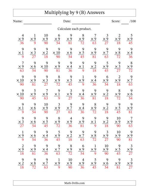 The Multiplying (1 to 10) by 9 (100 Questions) (B) Math Worksheet Page 2