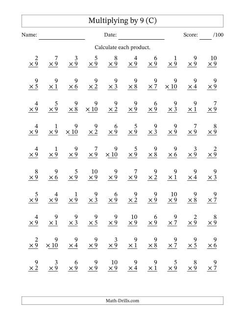 The Multiplying (1 to 10) by 9 (100 Questions) (C) Math Worksheet
