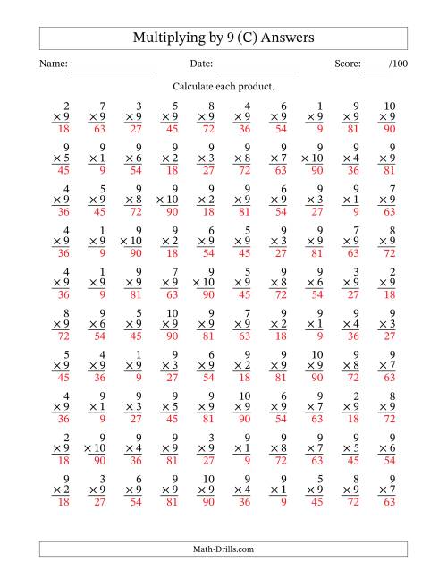 The Multiplying (1 to 10) by 9 (100 Questions) (C) Math Worksheet Page 2