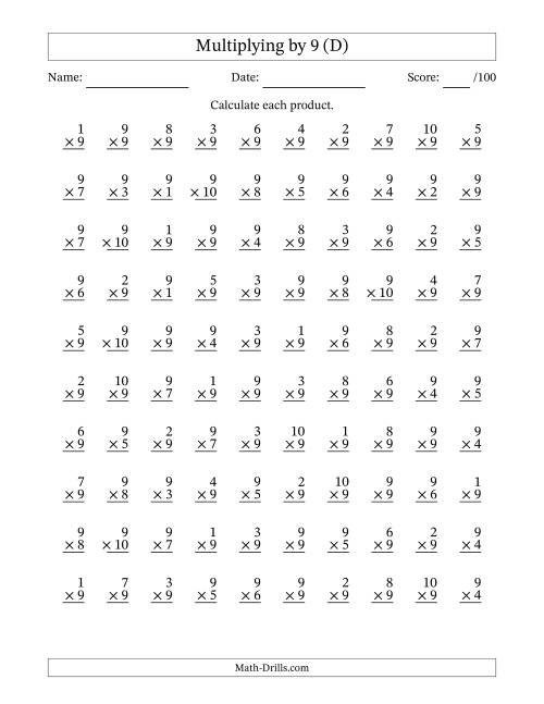 The Multiplying (1 to 10) by 9 (100 Questions) (D) Math Worksheet