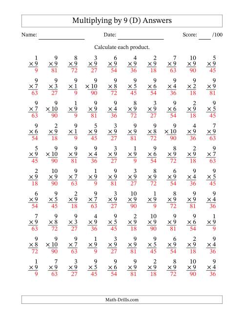 The Multiplying (1 to 10) by 9 (100 Questions) (D) Math Worksheet Page 2