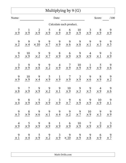The Multiplying (1 to 10) by 9 (100 Questions) (G) Math Worksheet